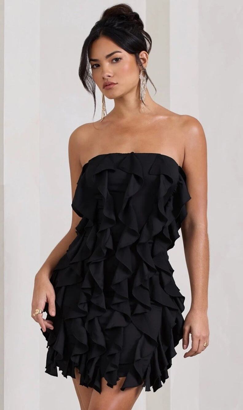 Guess Black Chiffon Tiered Ruffle Strapless Dress Juniors Sz 7 Boning Zip Party